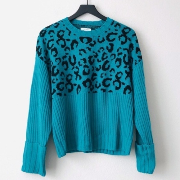 New! Nine West Leopard Cheetah Chunky Knit Ribbed Teal Black Crewneck Sweater - Picture 3 of 10